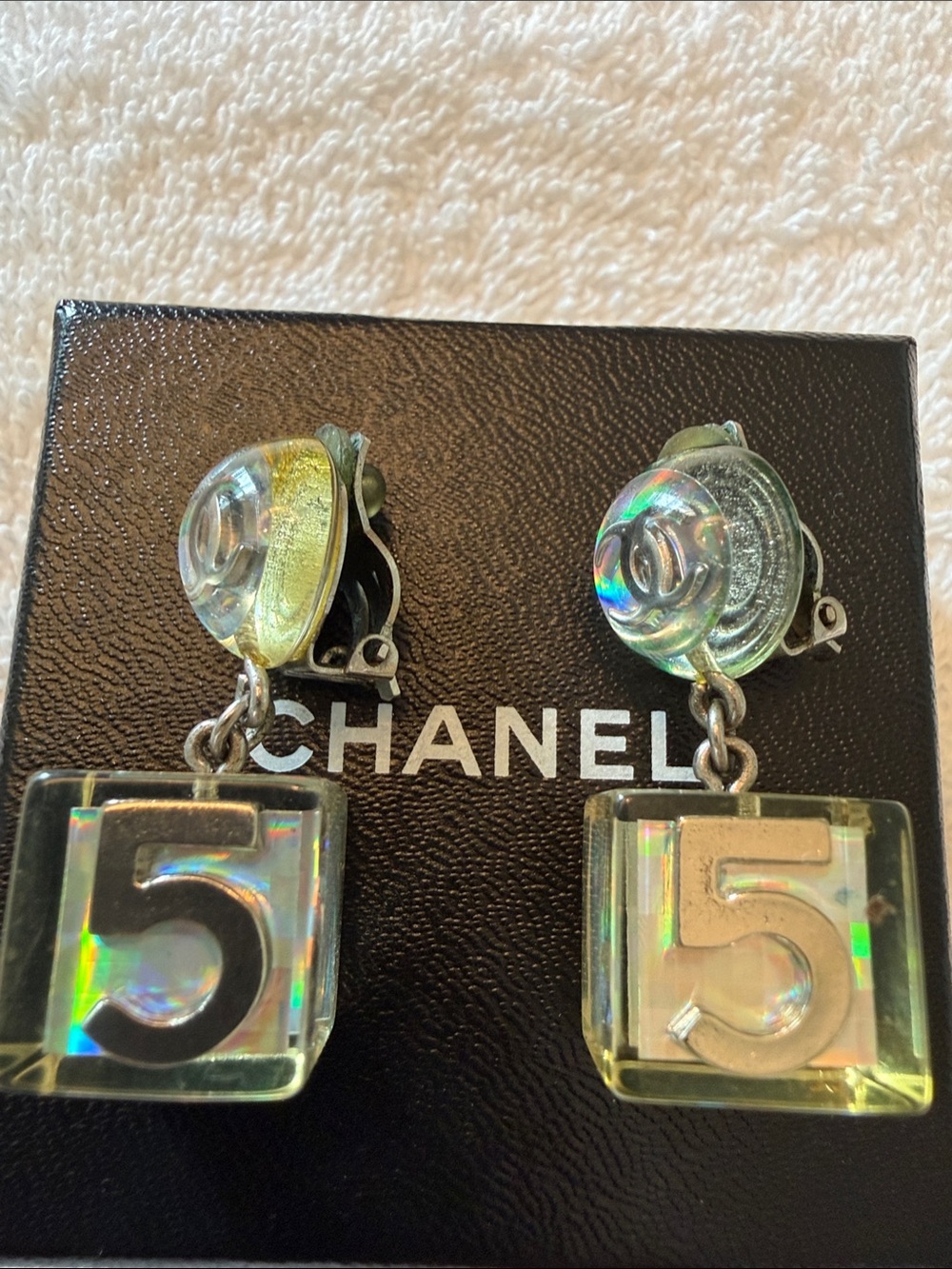 CHANEL Iridescent Clear Cube Number 5 Drop Clip-On Earrings - Gold Accents